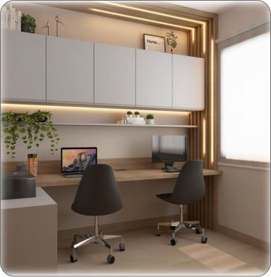 Comfortable office with plants, wooden desk, and two black chairs